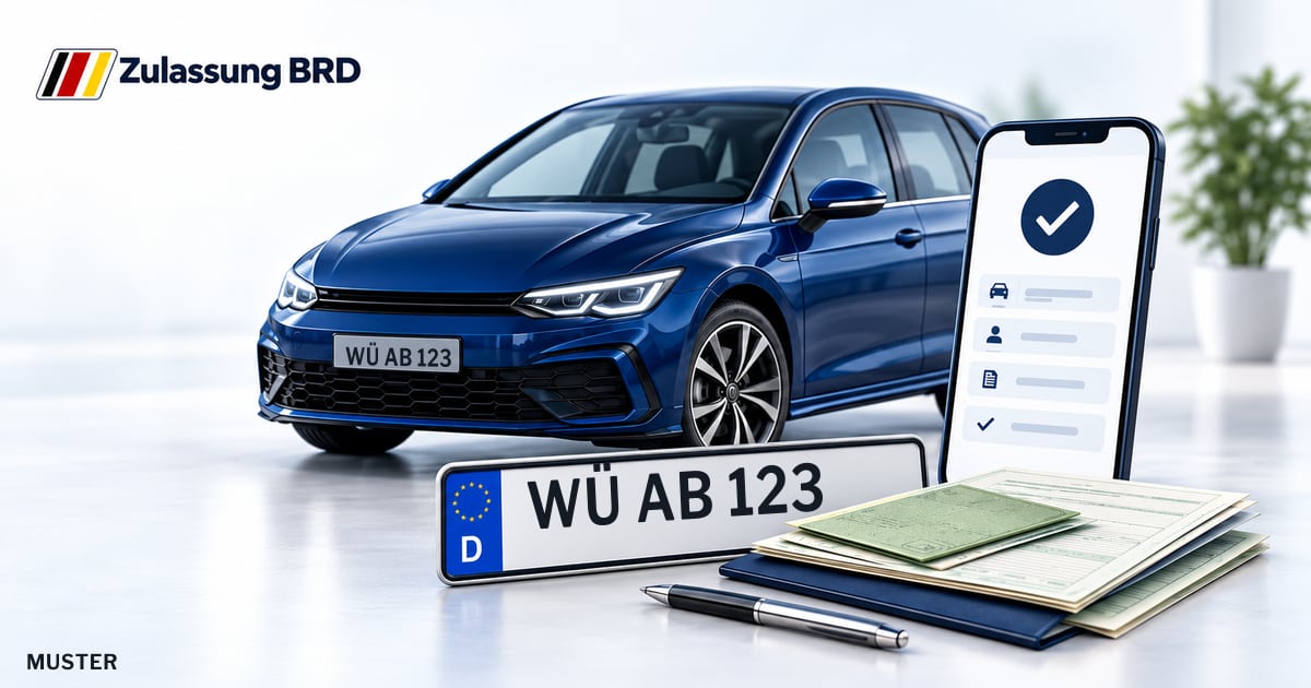 Online Fahrzeugzulassung in Würzburg: Musterkennzeichen WÜ AB 123, Auto und Fahrzeugpapiere und Smartphone. Illustration mit Logo von Zulassung BRD.